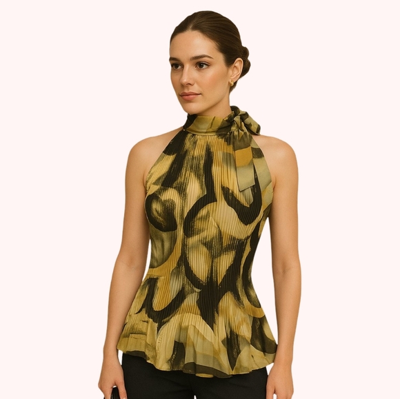 Sere Nade Tops - ⭐Sere Nade High Neck Accordion Pleated Abstract Print Peplum Hem Sheer Top